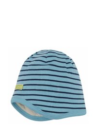 Gestreepte muts in lichtblauw en marineblauw, gemaakt van zachte stof. Het heeft een ronde vorm en een klein label dat aan de zijkant is genaaid.
