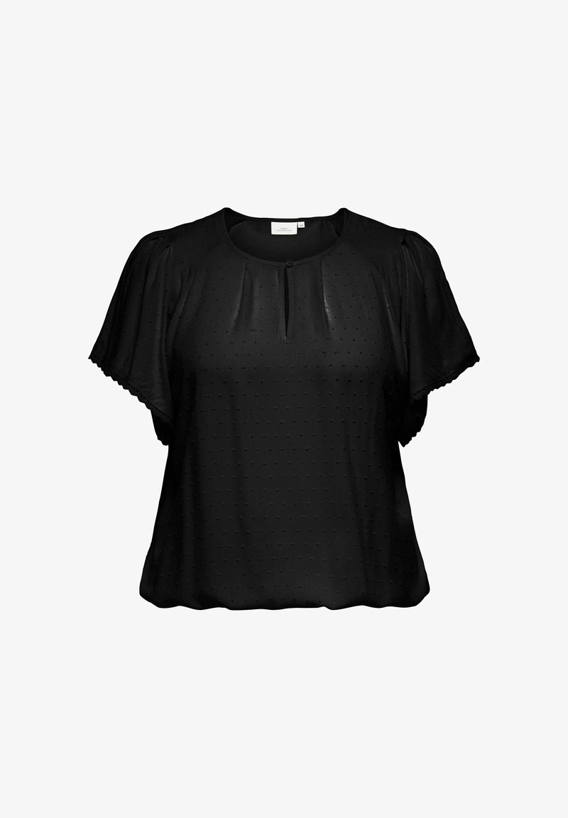 Blouse noire à manches courtes avec une texture subtile à pois, encolure ronde, fermeture à bouton au niveau de l'ouverture en forme de goutte et manches ballons légèrement froncées avec bords festonnés.