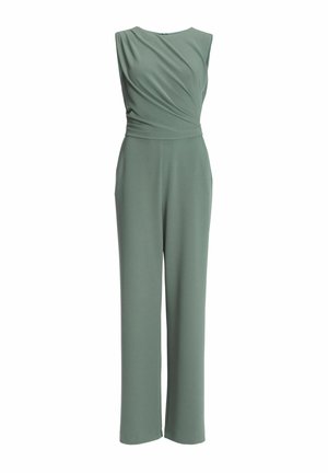 Combinaison verte sans manches avec un corsage drapé et un design à jambes larges. Fabriquée en tissu lisse avec une coupe décontractée. Sans ornements visibles.