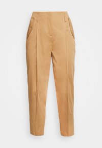 Beige tapered broek van gladde stof, met zijzakken en voorplooien, met een hoge taille en een enkellang ontwerp.