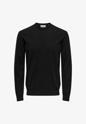 Schwarzer Rundhalsausschnitt-Pullover aus weichem Stoff, mit langen Ärmeln und gerippten Bündchen. Schlichtes Design ohne sichtbare Muster oder Logos.