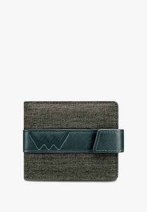 Slate gray wallet made of fabric with a textured finish, featuring a dark green leather strap with an embossed logo. Compact rectangular design.