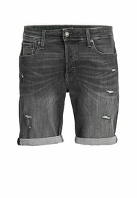 Black denim shorts with a relaxed fit, rolled cuffs, distressed detailing, and subtle fading. Five-pocket design with metal hardware.