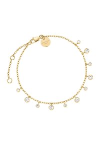 Bracciale in oro con una delicata catena, che presenta diversi cristalli trasparenti rotondi montati a intervalli variabili. Include un gancio a molla e un etichetta.