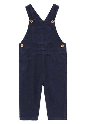 Salopette in velluto a coste blu navy per bambini piccoli con tasca frontale sul petto e bottoni marroni sulle bretelle e ai lati, pantaloni al ginocchio.
