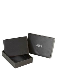 Cartera de cuero negra con costuras naranjas, diseño compacto, presentada en una caja negra a juego con el nombre de la marca "JASLEN".