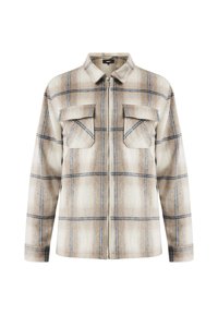 Plaid jacket in beige and light brown with blue lines. Features a zip front, two chest pockets, and a collar. Soft fabric texture.