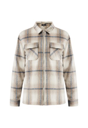 Giacca a scacchi in beige e marrone chiaro con linee blu. Presenta una chiusura con zip, due tasche sul petto e un colletto. Tessuto morbido al tatto.