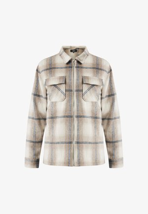 Károvaná bunda v béžové a světle hnědé barvě s modrými pruhy. Má zipový přední díl, dvě náprsní kapsy a límec. Měkká textilní struktura.