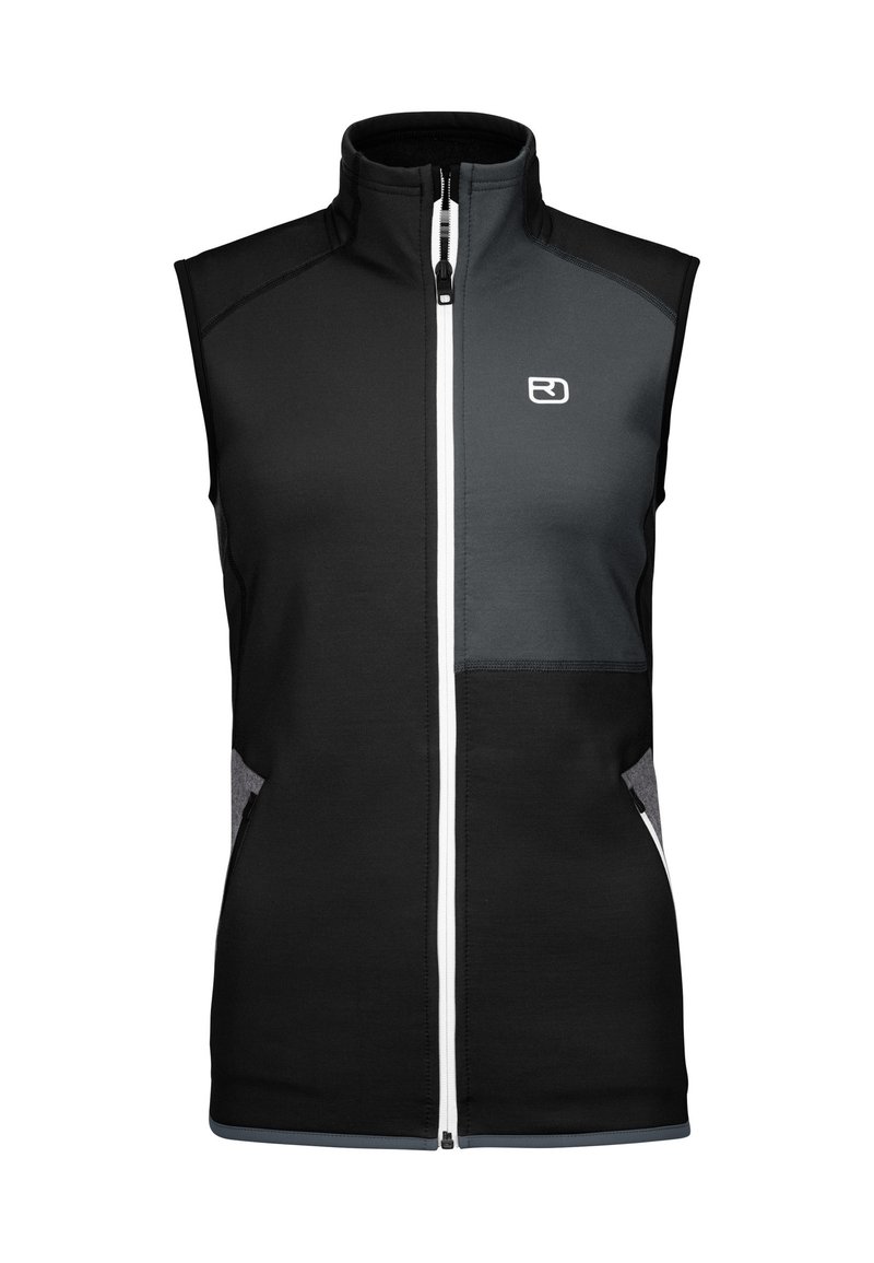 Schwarze ärmellose Jacke mit grauen Akzenten, die einen hohen Kragen, einen durchgehenden Reißverschluss und Seitentaschen aufweist. Hergestellt aus strukturiertem, elastischem Stoff.