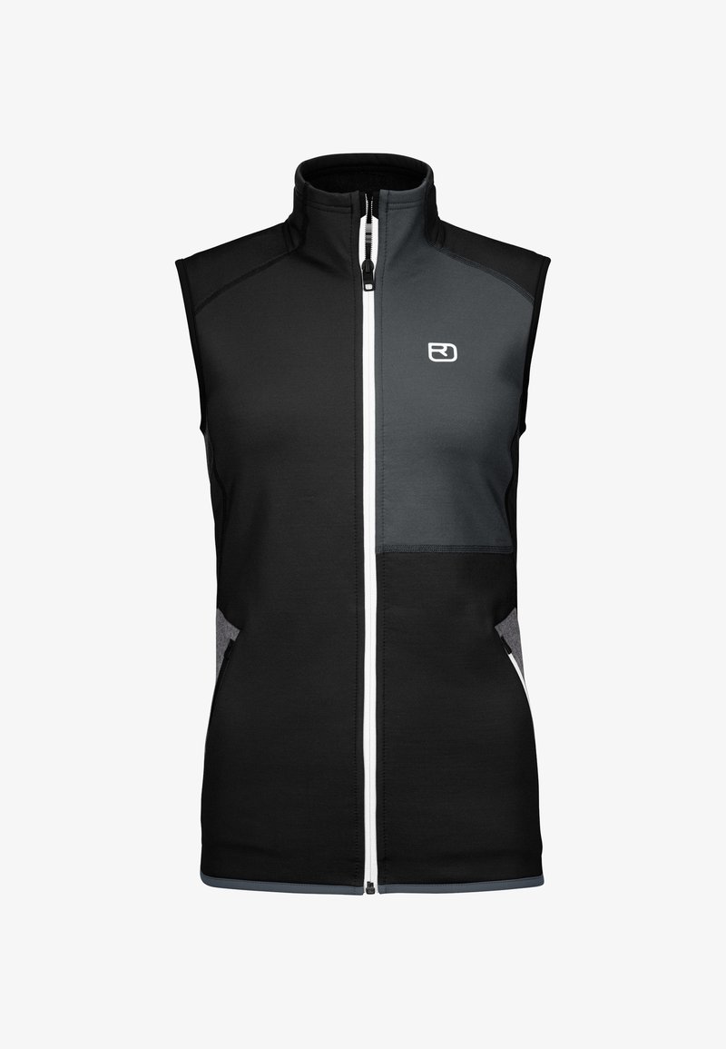 Schwarze ärmellose Jacke mit grauen Akzenten, die einen hohen Kragen, einen durchgehenden Reißverschluss und Seitentaschen aufweist. Hergestellt aus strukturiertem, elastischem Stoff.