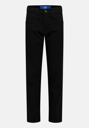 Pantalones de algodón negro con corte recto. Cuenta con cinco bolsillos y cierre de botón metálico. Textura suave y cintura estándar.