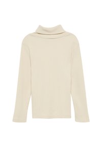 Beige geribbelde coltrui met lange mouwen, voorzien van een omgeslagen kraag en een gladde textuur, geschikt voor het dragen in lagen en casual gebruik.