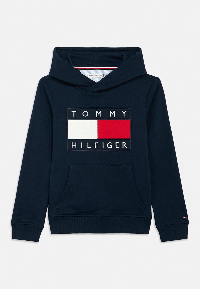 Dark navy hoodie with a front pocket, featuring a white, red, and blue logo on the chest. Made of soft cotton material.