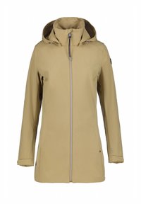 Beige wasserdichte Jacke mit hohem Kragen, verstellbarem Kapuze und zentralem Reißverschluss. Glatte Textur mit minimalistischem Design und seitlichen Taschen.