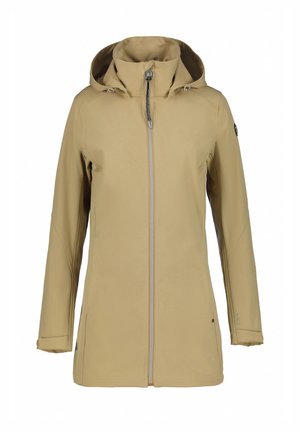 Beige waterdichte jas met een hoge kraag, verstelbare capuchon en centrale rits. Gladde textuur met een minimalistisch ontwerp en zijzakken.