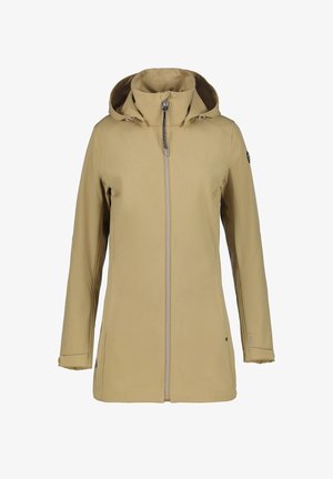 Beige nepromokavá bunda s vysokým límcem, nastavitelnou kapucí a středovým zipem. Hladká textura s minimalistickým designem a bočními kapsami.