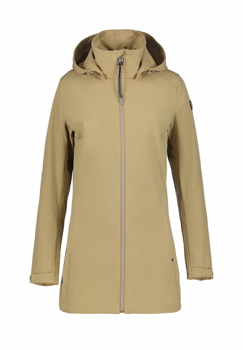 Beige wasserdichte Jacke mit hohem Kragen, verstellbarem Kapuze und zentralem Reißverschluss. Glatte Textur mit minimalistischem Design und seitlichen Taschen.