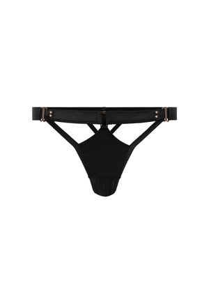 Zwarte string met elastische banden, voorzien van een driehoekige voorkant en verstelbare hardware met roségouden accenten. Glad textuur.