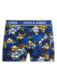 Boxer-chaussettes fleuries avec un fond marine, motifs d'hibiscus et de feuilles en bleu, jaune et blanc. Ceinture élastique avec détail du logo.
