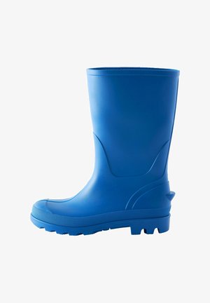 Blauer Gummistiefel mit einem glatten, abgerundeten Design, strukturiertem Sohlen und leichtem Absatz. Verfügt über erhabene Akzente am Schaft und an der Rückseite.