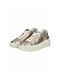 Metallic rose gold sneakers with white laces, a chunky white sole, and subtle side accents. Smooth texture with a rounded toe design.