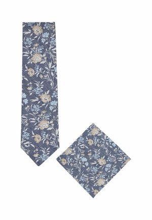 Blue tie and pocket square with beige and light blue floral pattern, laid flat on white background.
