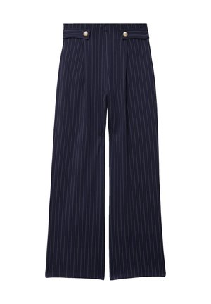 Navy blue pinstriped wide-leg trousers with front pleats and decorative gold buttons on waistband tabs.
