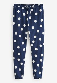 Pantaloni de jogging albastru marin cu buline albe, având un tiv elastic la talie și șnur, plus glezne înguste cu manșete elastice.