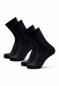 Calcetines negros de tobillo en un paquete de cuatro. Presentan un tejido texturizado, punteras reforzadas y un puño acanalado para un ajuste seguro.