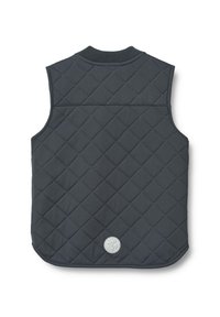 Vaatteen tilkkuvesti tummanharmaana, jossa on korkea kaulus, hihaton malli ja pyöreä logopulli helman lähellä. Rakenteellinen timanttikuvio.
