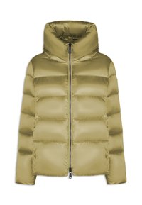 Chaqueta acolchada de color verde oliva con un alto collar, cierre de cremallera y secciones acolchadas. Material liso y brillante con una silueta ajustada.