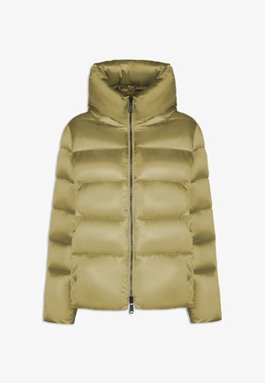 Chaqueta acolchada de color verde oliva con un alto collar, cierre de cremallera y secciones acolchadas. Material liso y brillante con una silueta ajustada.