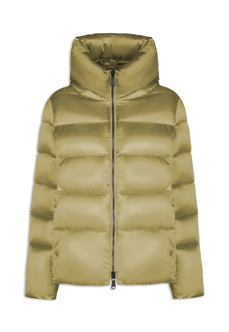 Chaqueta acolchada de color verde oliva con un alto collar, cierre de cremallera y secciones acolchadas. Material liso y brillante con una silueta ajustada.
