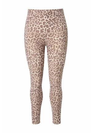 Leggings mit Leopardenmuster in Beige- und Brauntönen, aus dehnbarem Stoff gefertigt. Design mit hoher Taille, ohne sichtbare Verschlüsse oder Taschen.