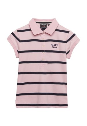 Lyserød kortærmet polo med sorte vandrette striber, fire knapper, krave og lille broderet "S. Dry NY State" logo på brystet.