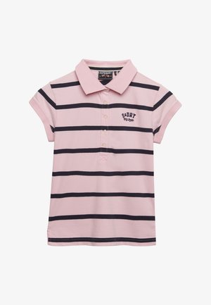 Lyserød kortærmet polo med sorte vandrette striber, fire knapper, krave og lille broderet "S. Dry NY State" logo på brystet.