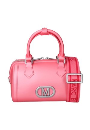 Small structured pink handbag with rounded handles, a silver "M" logo on front, and a detachable red strap with "Marc Ellis" text.