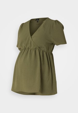 Olive green maternity top with short puff sleeves, V-neck, and gathered waist. Made from a lightweight, textured fabric.