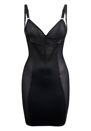 Abito nero in jersey dalla texture liscia, con pizzo lungo il collo e spalline regolabili. Modello aderente.