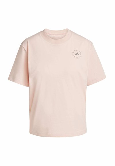Light pink t-shirt, short sleeves, round neck, made of cotton. Features a small branding logo printed on the chest in a darker shade.