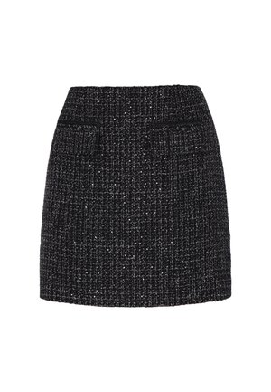 Juodas tweed mini sijonas su tekstūruotu audiniu. Turi dvi priekinės kišenes ir prigludusį liemenį. Tiesus kraštas be matomų uždarymo elementų.
