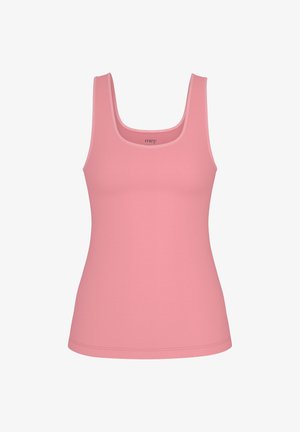 Débardeur rose avec un col rond, fabriqué en tissu lisse et extensible. Il possède de larges bretelles et une silhouette ajustée. Aucune marque visible.