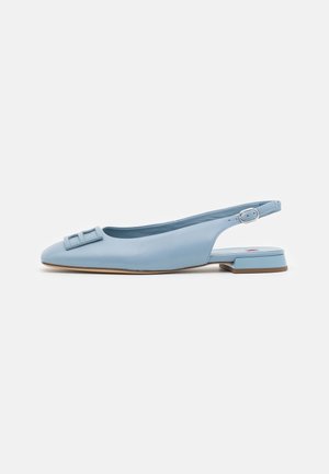 Light blue slingback flats made of smooth leather. Features a square buckle detail and a low block heel. Simplistic and elegant design.
