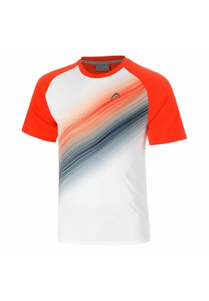 Korte mouwen sportshirt met felle oranje mouwen, wit lijf en een diagonaal patroon van oranje en grijze strepen over de borst.