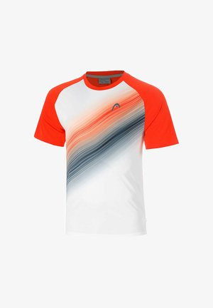 Camiseta deportiva de manga corta con mangas de color naranja brillante, cuerpo blanco y un patrón de rayas diagonales en naranja y gris cruzando el pecho.