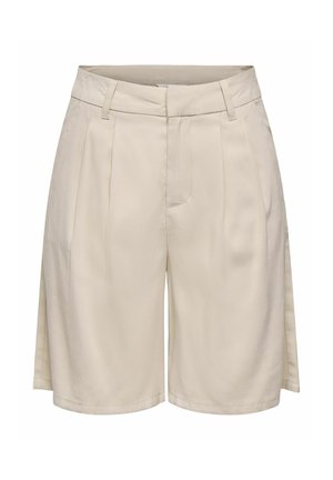 Beige, hoch taillierte, maßgeschneiderte Shorts mit Gürtelschlaufen, Seitentaschen, vorderen Falten und verdecktem Frontverschluss.