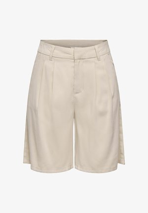 Pískové krátké kalhoty s vysokým pasem na míru, s poutky na opasek, bočními kapsami, předními záhyby a skrytým předním zapínáním.