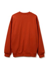 Felpa oversize in arancione bruciato, realizzata in cotone morbido. Presenta un colletto rotondo a coste, spalle cadute e polsini e orlo a coste.