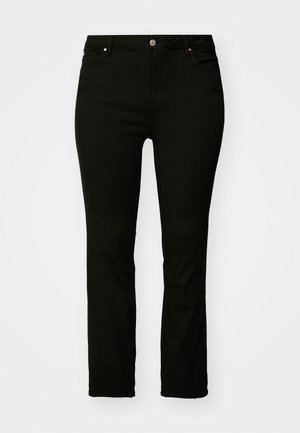 Black denim jeans featuring a straight cut, five-pocket design, metal button, and subtle stitching details. Smooth texture, versatile style.